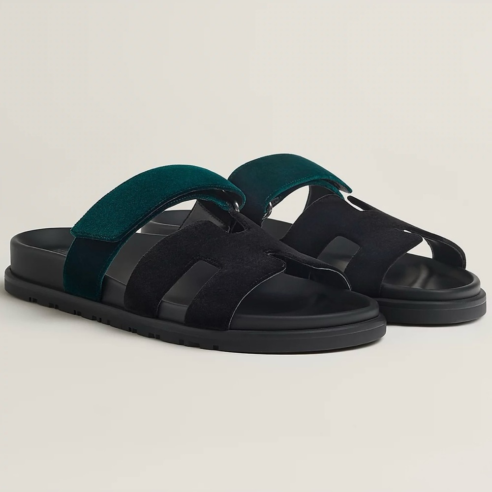 Hermes Chypre Sandals Noir/Vert Mousse